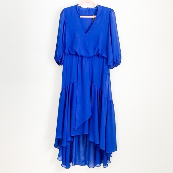 Taylor Royal Blue Azure Chiffon V neck High Low Midi Dress Medium - Picture 10 of 16